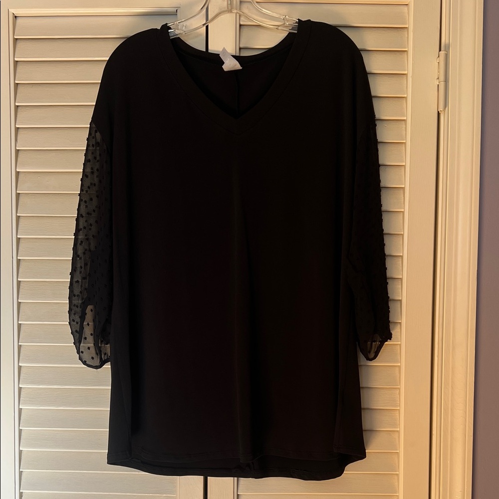 Honeyme Black V-Neck Blouse with Sheer Sleeves